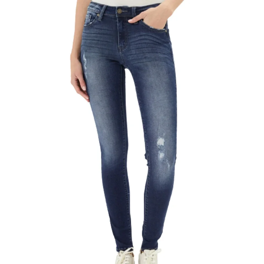 KANCAN USA 5-POCKETS MID RISE SUPER SKINNY DISTRESSED DENIM JEANS BLUE 1/24 EUC - Picture 1 of 15